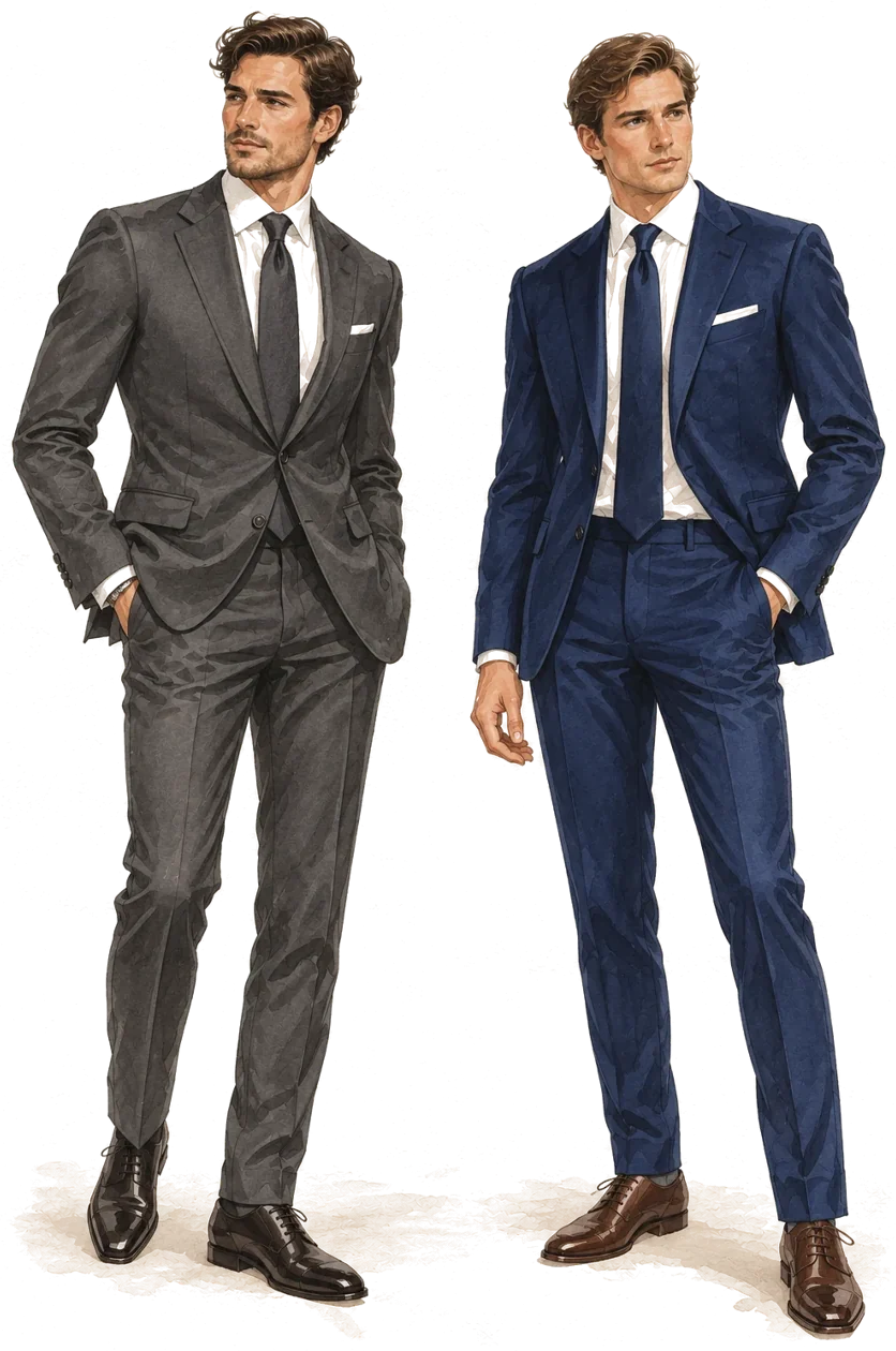 Aquarela de dois homens elegantes de terno, um cinza-chumbo e outro azul-marinho, ambos com camisa branca e gravata